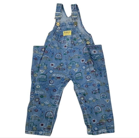OshKosh B'gosh Other - Vintage Oshkosh B'Gosh Overalls Blue Denim Car Truck Print Toddler 1990’s Sz 18M